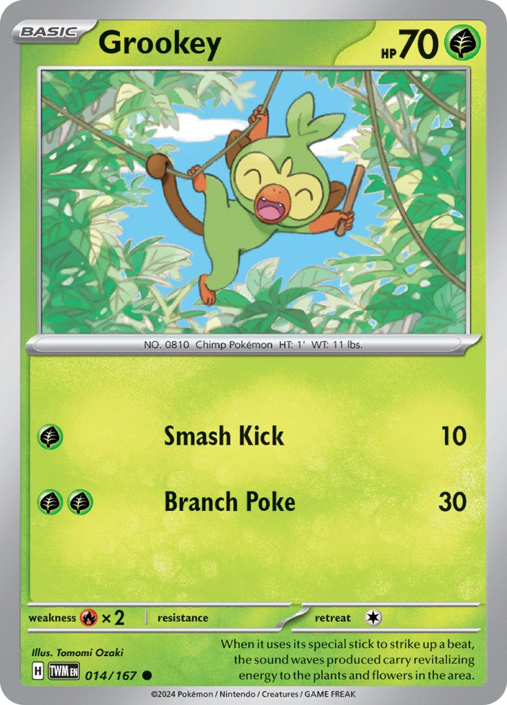 Pokemon TCG Scarlet & Violet expansion Twilight Masquerades. Grookey common card.