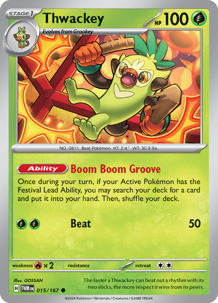 Pokemon TCG Scarlet & Violet expansion Twilight Masquerades. Thwackey common card.