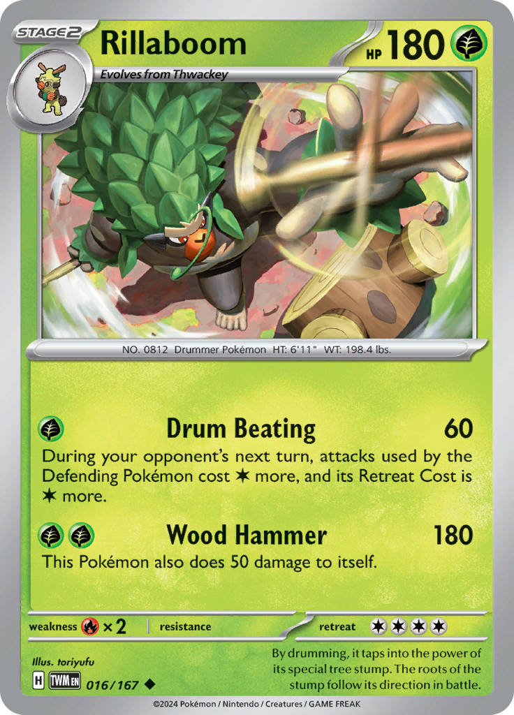 Pokemon TCG Scarlet & Violet expansion Twilight Masquerades. Rillaboom uncommon card.