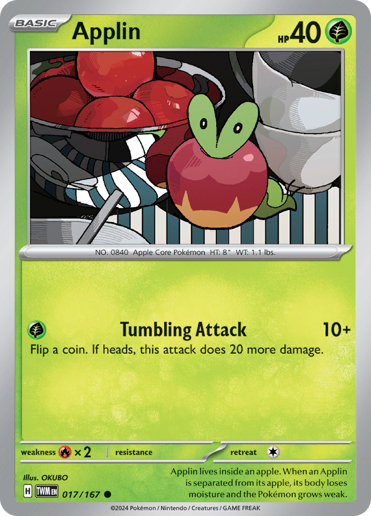 Pokemon TCG Scarlet & Violet expansion Twilight Masquerades. Applin common card.