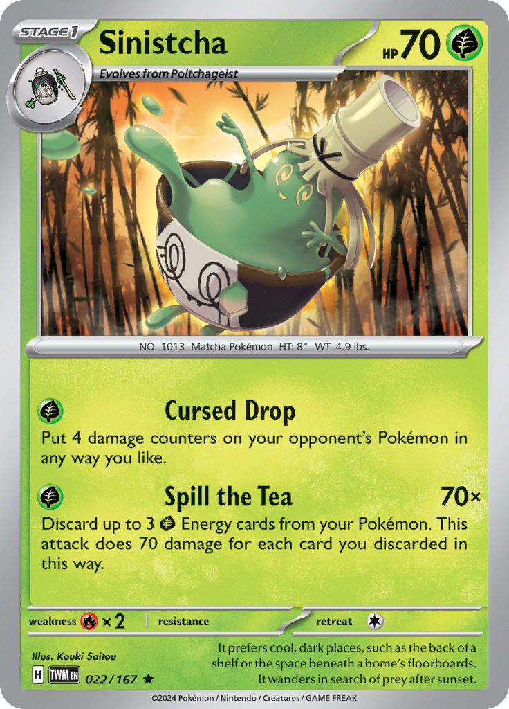 Pokemon TCG Scarlet & Violet expansion Twilight Masquerades. Sinistcha rare card.