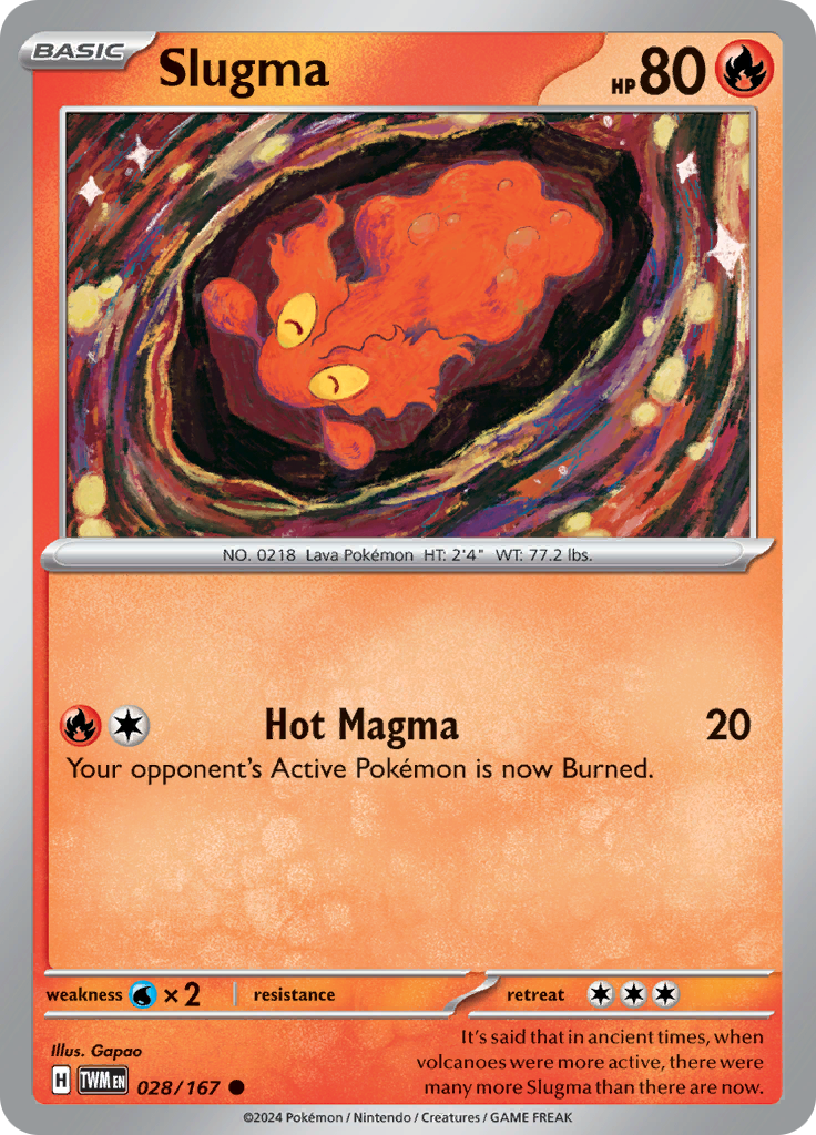 Pokemon TCG Scarlet & Violet expansion Twilight Masquerades. Slugma common card.