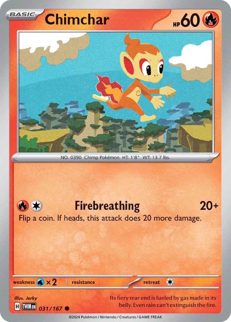 Pokemon TCG Scarlet & Violet expansion Twilight Masquerades. Chimchar common card.