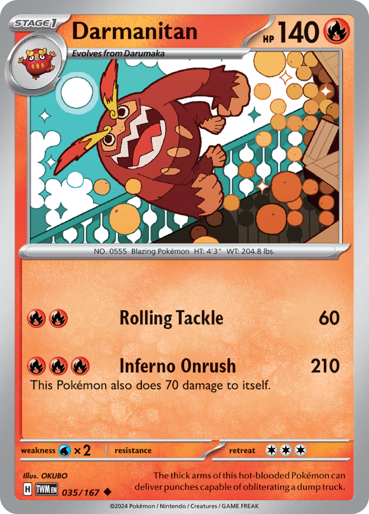 Pokemon TCG Scarlet & Violet expansion Twilight Masquerades. Darmanitan uncommon card.