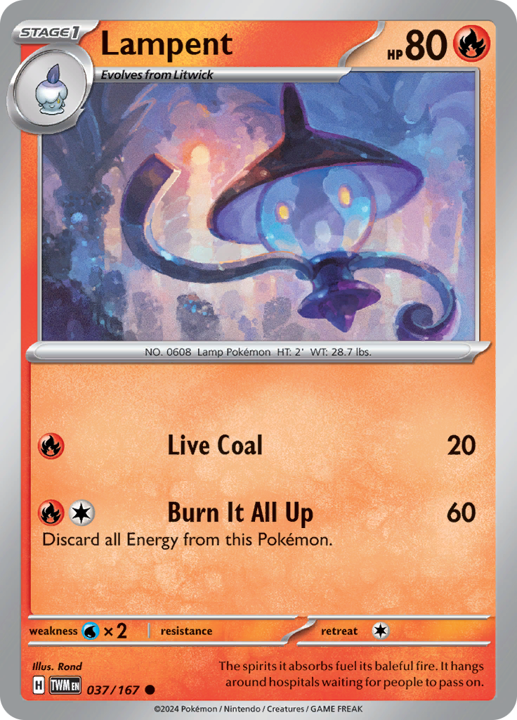 Pokemon TCG Scarlet & Violet expansion Twilight Masquerades. Lampent common card.