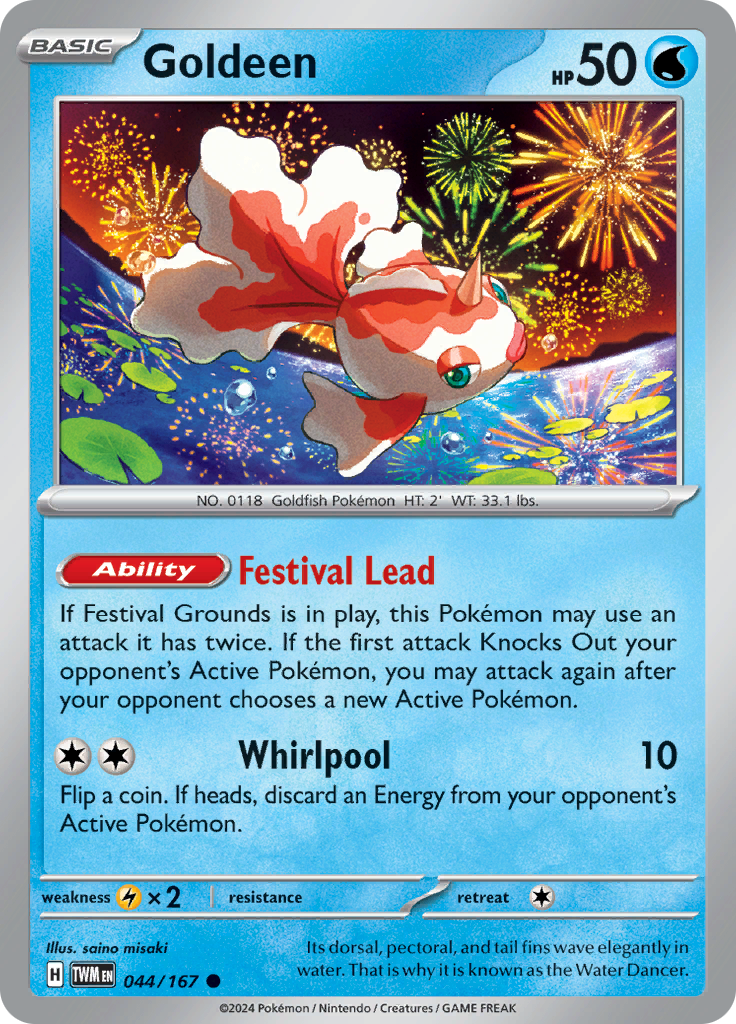 Pokemon TCG Scarlet & Violet expansion Twilight Masquerades. Goldeen common card.