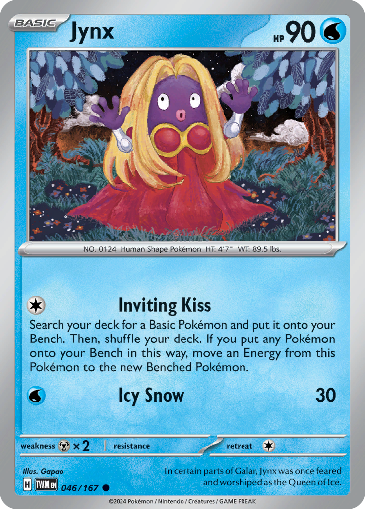 Pokemon TCG Scarlet & Violet expansion Twilight Masquerades. Jynx common card.