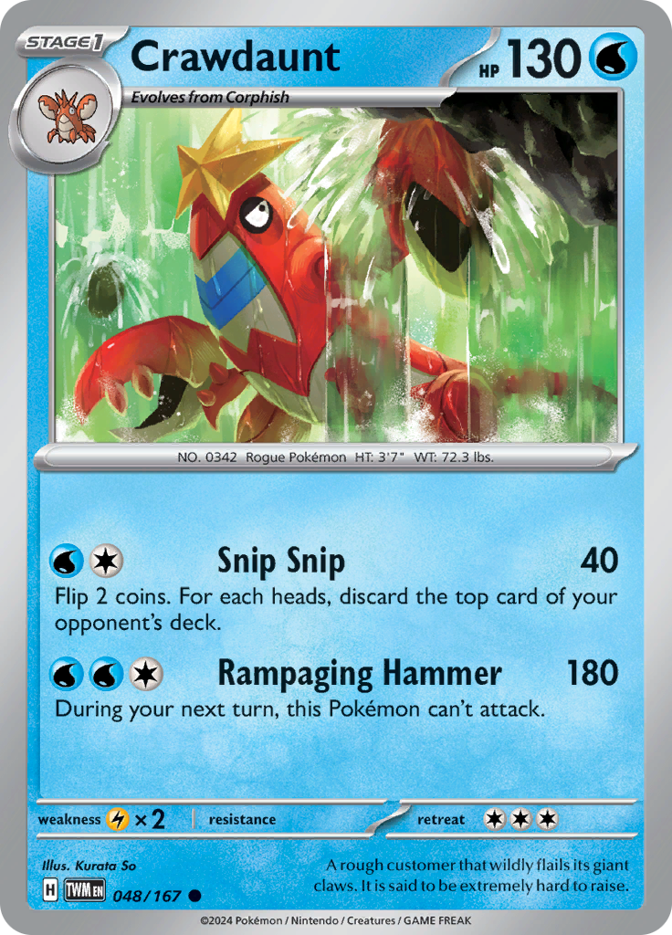 Pokemon TCG Scarlet & Violet expansion Twilight Masquerades. Crawdaunt common card.