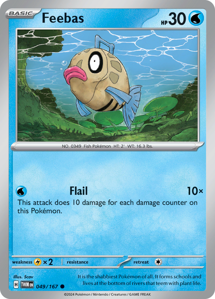 Pokemon TCG Scarlet & Violet expansion Twilight Masquerades. Feebas common card.