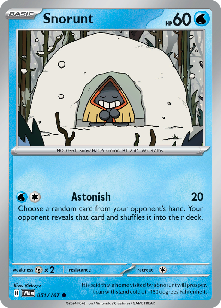 Pokemon TCG Scarlet & Violet expansion Twilight Masquerades. Snorunt common card.