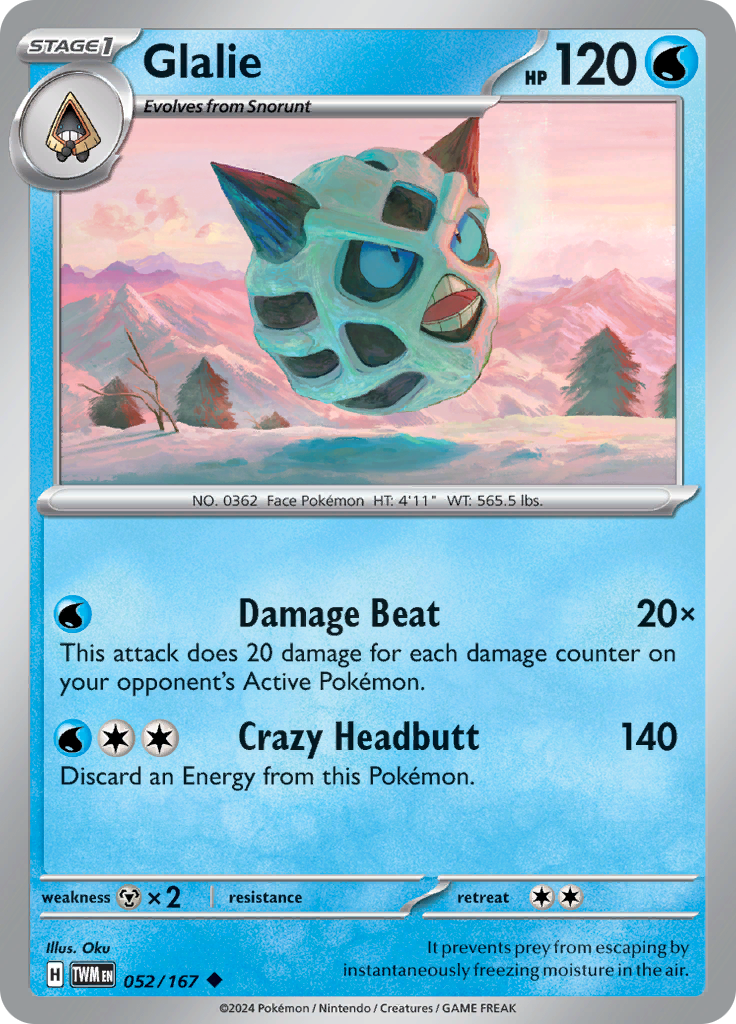 Pokemon TCG Scarlet & Violet expansion Twilight Masquerades. Glalie uncommon card.