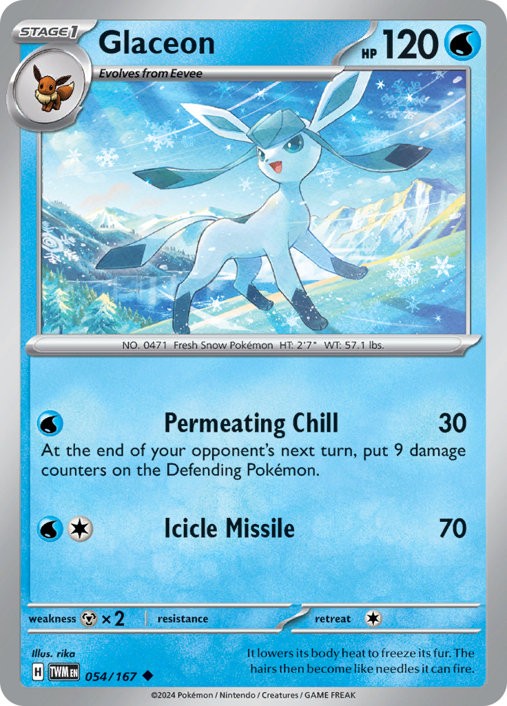 Pokemon TCG Scarlet & Violet expansion Twilight Masquerades. Glaceon uncommon card.
