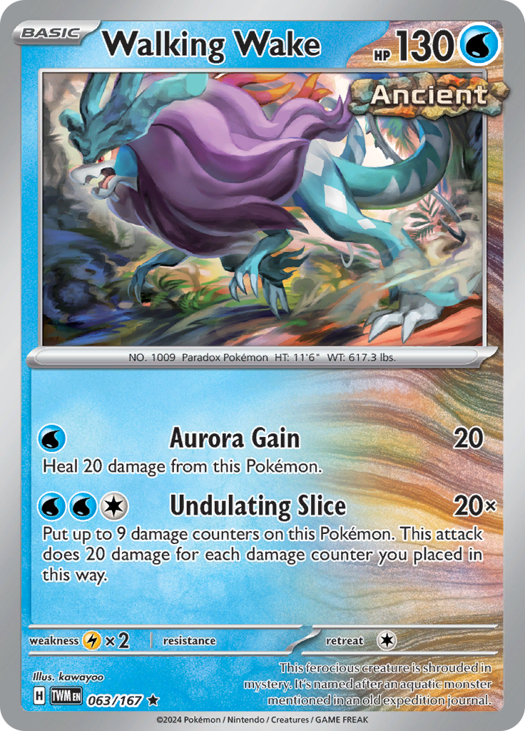 Pokemon TCG Scarlet & Violet expansion Twilight Masquerades. Walking Wake rare card.