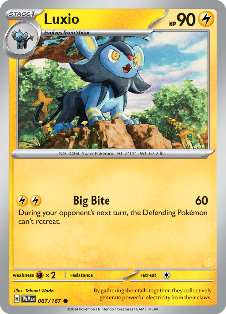 Pokemon TCG Scarlet & Violet expansion Twilight Masquerades. Luxio common card.