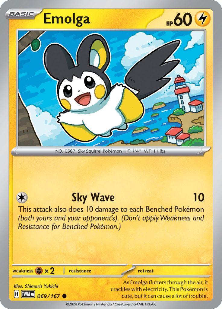 Pokemon TCG Scarlet & Violet expansion Twilight Masquerades. Emolga common card.