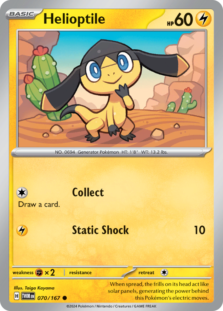 Pokemon TCG Scarlet & Violet expansion Twilight Masquerades. Helioptile common card.