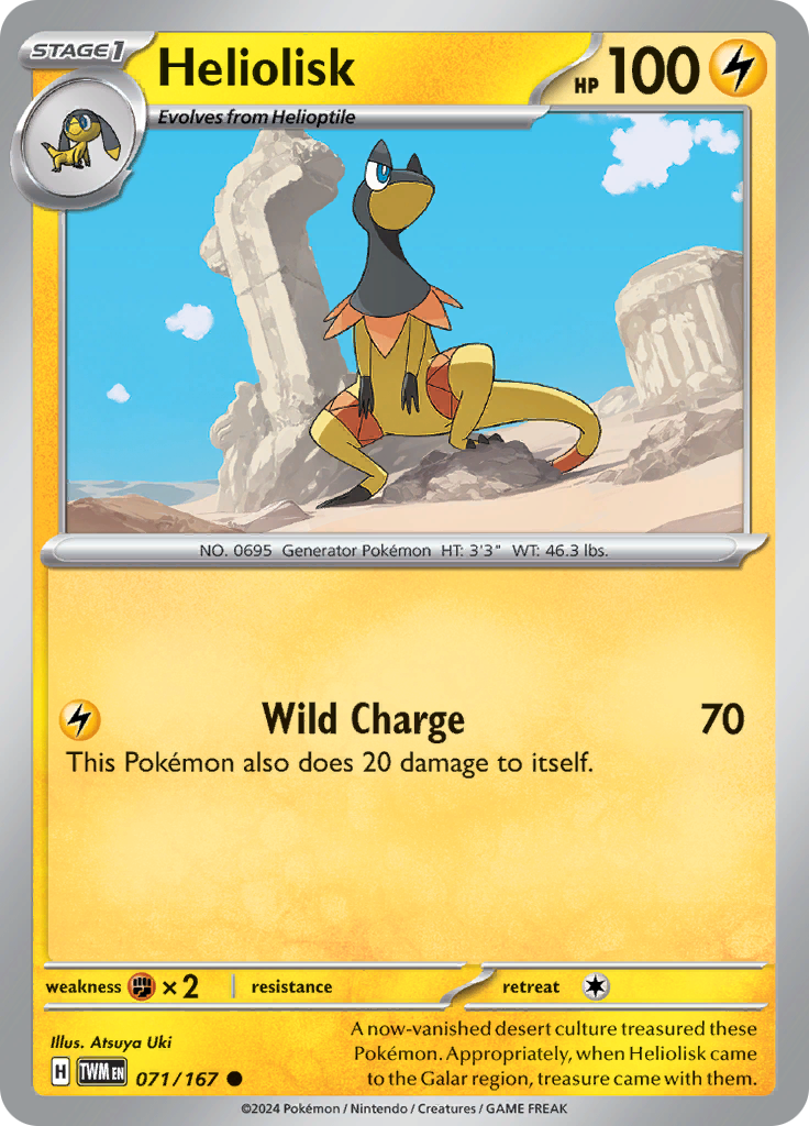 Pokemon TCG Scarlet & Violet expansion Twilight Masquerades. Heliolisk common card.