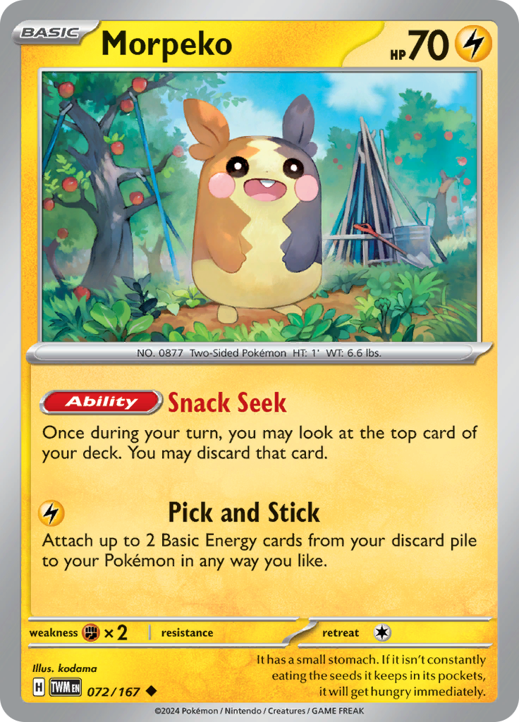 Pokemon TCG Scarlet & Violet expansion Twilight Masquerades. Morpeko uncommon card.
