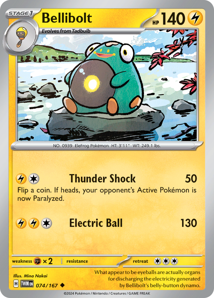 Pokemon TCG Scarlet & Violet expansion Twilight Masquerades. Bellibolt uncommon card.