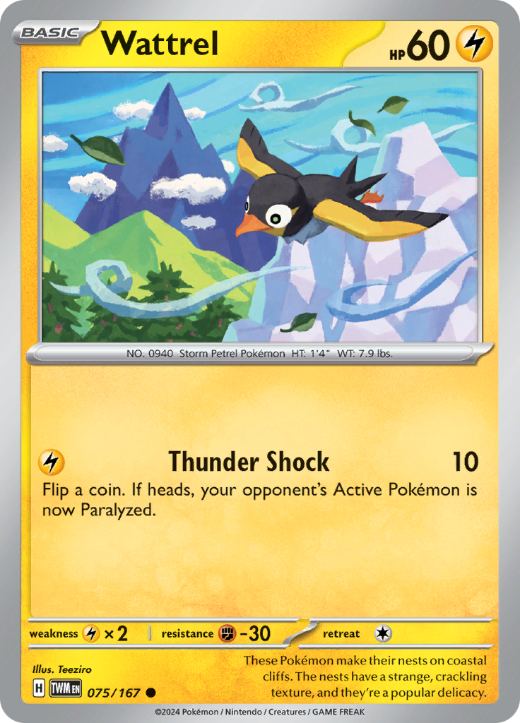 Pokemon TCG Scarlet & Violet expansion Twilight Masquerades. Wattrel common card.