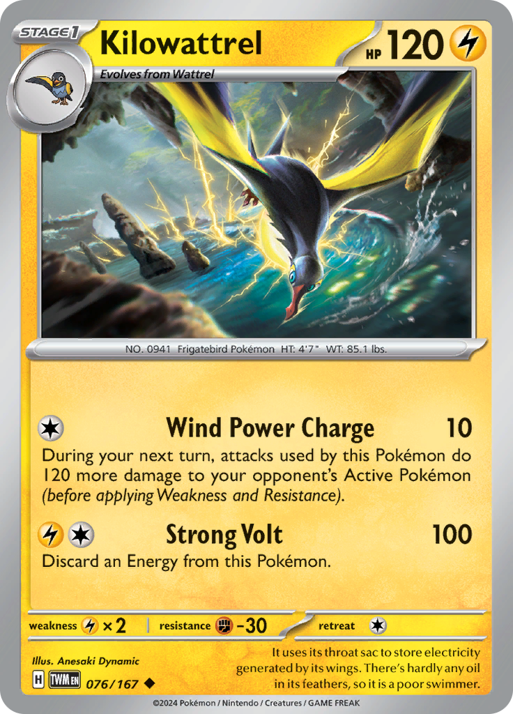 Pokemon TCG Scarlet & Violet expansion Twilight Masquerades. Kilowattrel uncommon card.