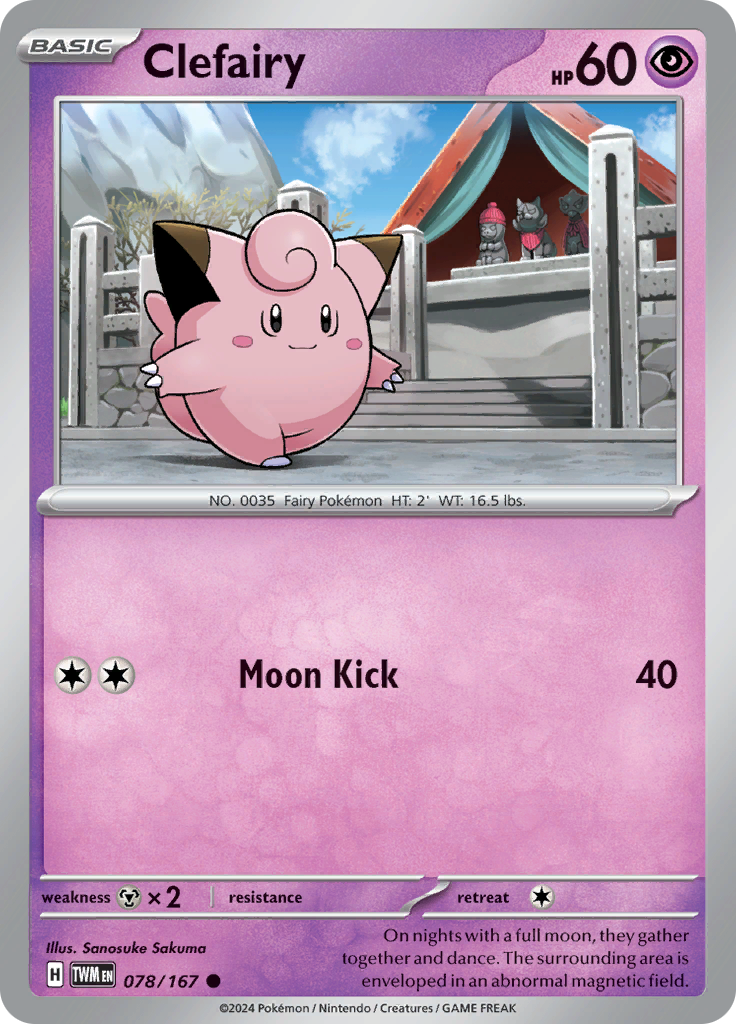 Pokemon TCG Scarlet & Violet expansion Twilight Masquerades. Clefairy common card.