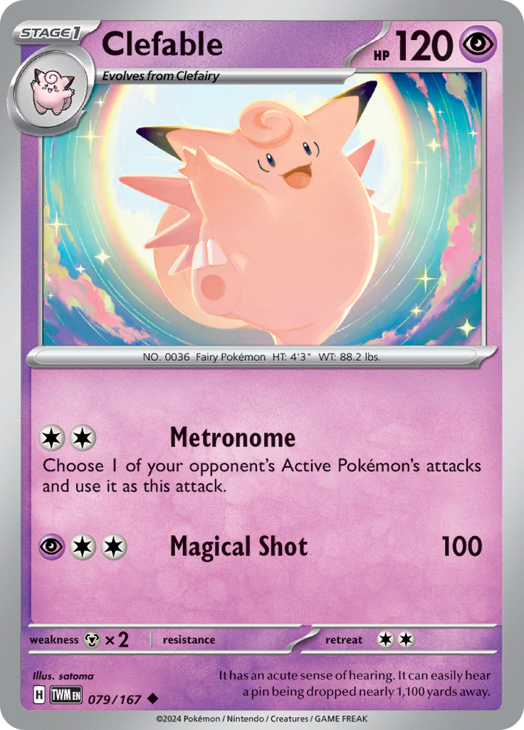 Pokemon TCG Scarlet & Violet expansion Twilight Masquerades. Clefable uncommon card.