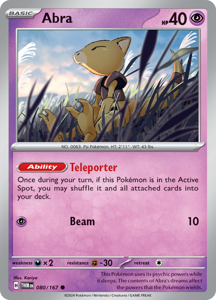 Pokemon TCG Scarlet & Violet expansion Twilight Masquerades. Abra common card.