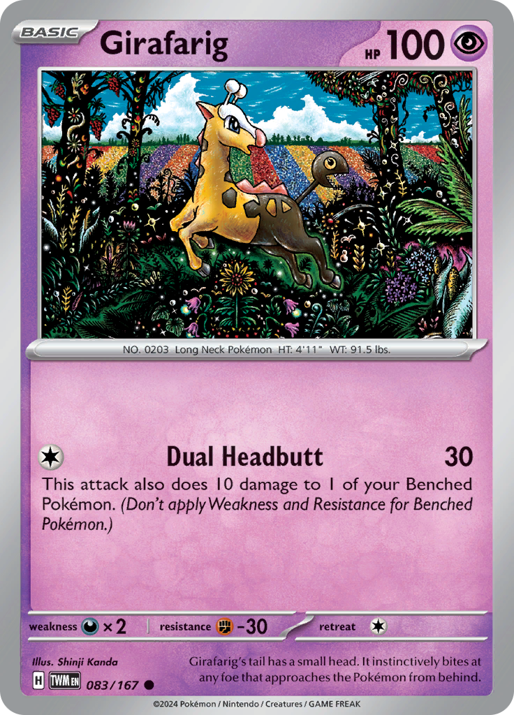 Pokemon TCG Scarlet & Violet expansion Twilight Masquerades. Girafarig common card.