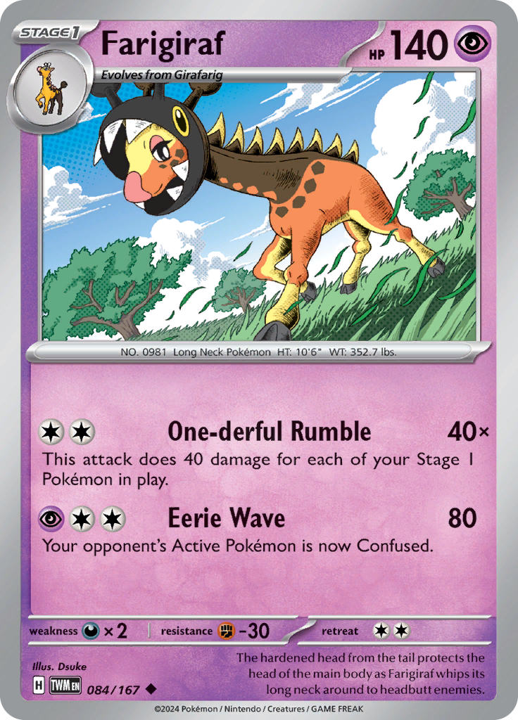 Pokemon TCG Scarlet & Violet expansion Twilight Masquerades. Farigiraf uncommon card.