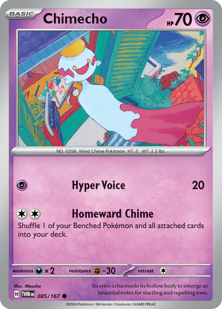 Pokemon TCG Scarlet & Violet expansion Twilight Masquerades. Chimecho common card.