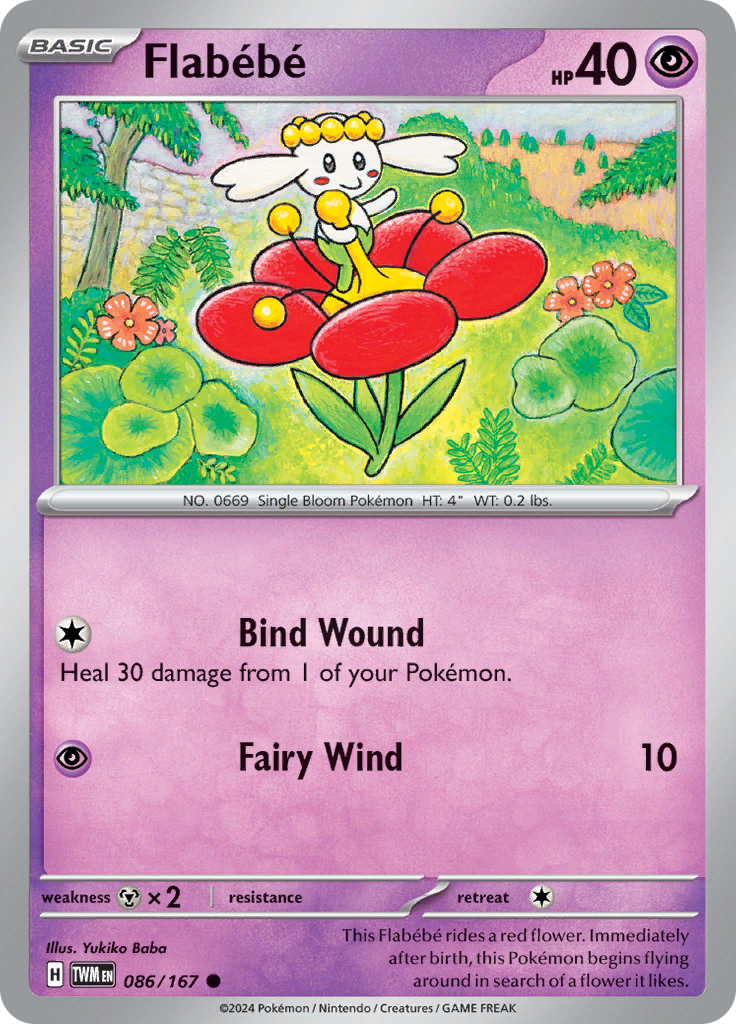 Pokemon TCG Scarlet & Violet expansion Twilight Masquerades. Flabebe common card.