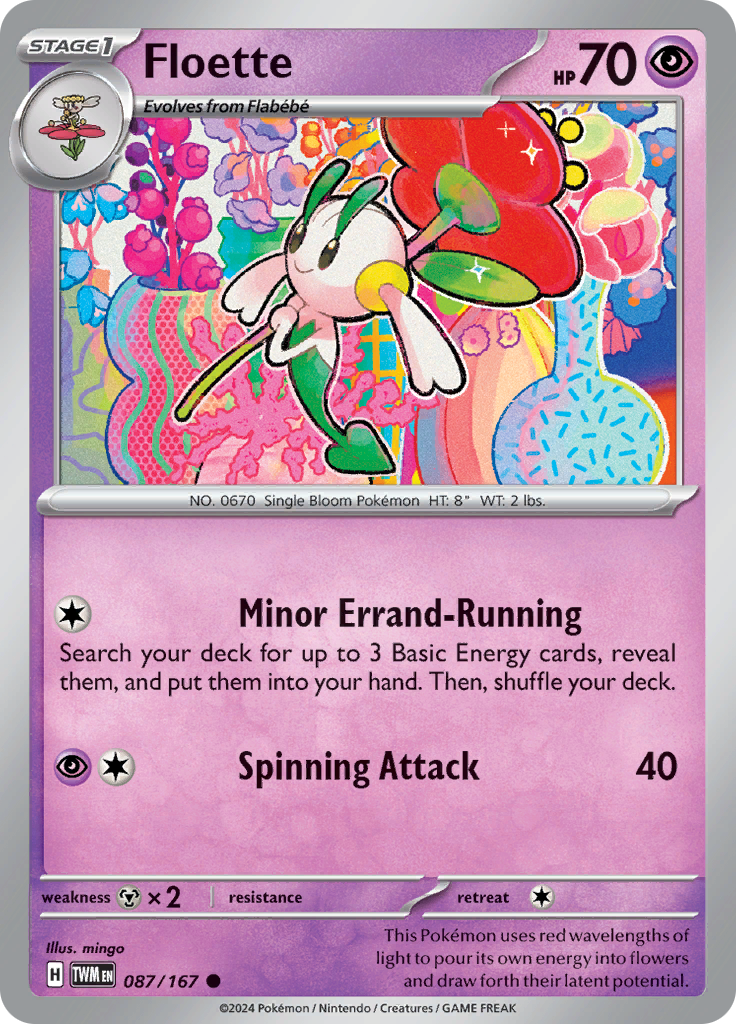 Pokemon TCG Scarlet & Violet expansion Twilight Masquerades. Floette common card.