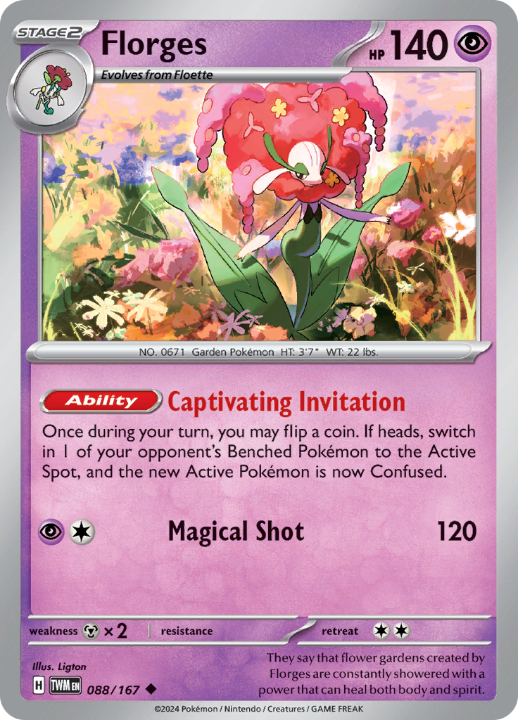 Pokemon TCG Scarlet & Violet expansion Twilight Masquerades. Florges uncommon card.