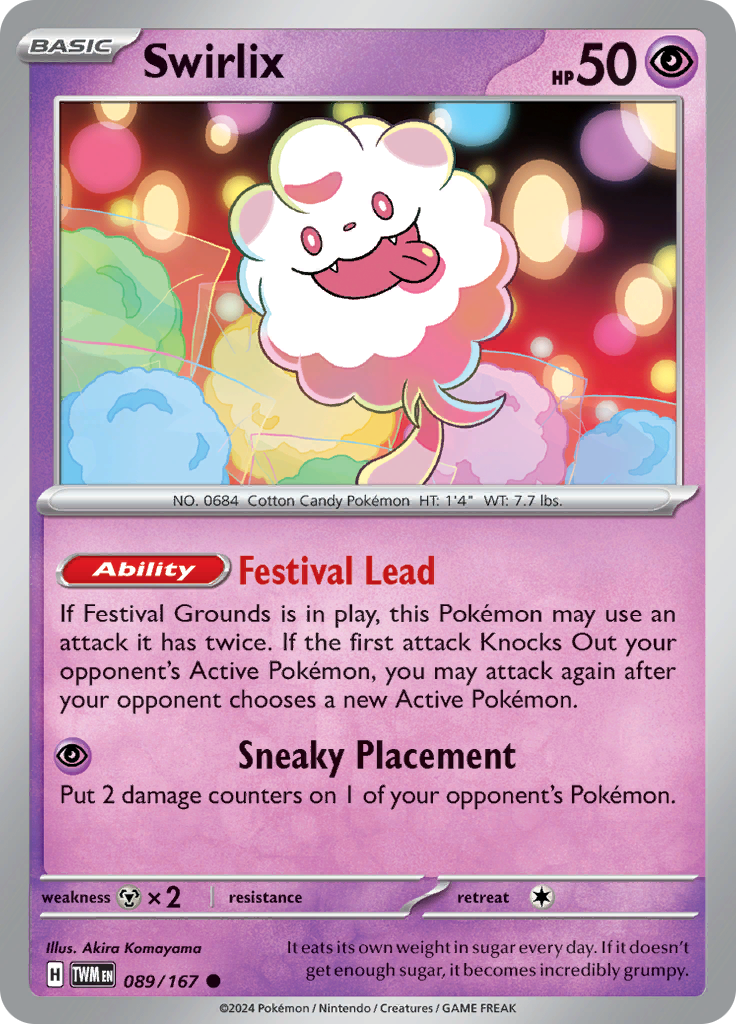 Pokemon TCG Scarlet & Violet expansion Twilight Masquerades. Swirlix common card.