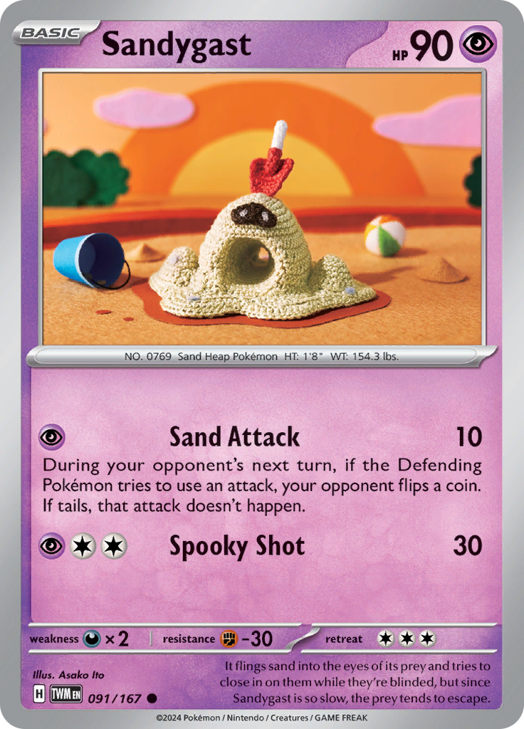 Pokemon TCG Scarlet & Violet expansion Twilight Masquerades. Sandygast common card.