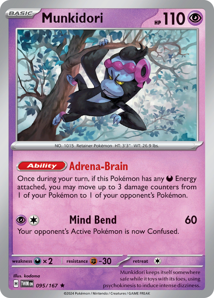 Pokemon TCG Scarlet & Violet expansion Twilight Masquerades. Munkidori rare card.