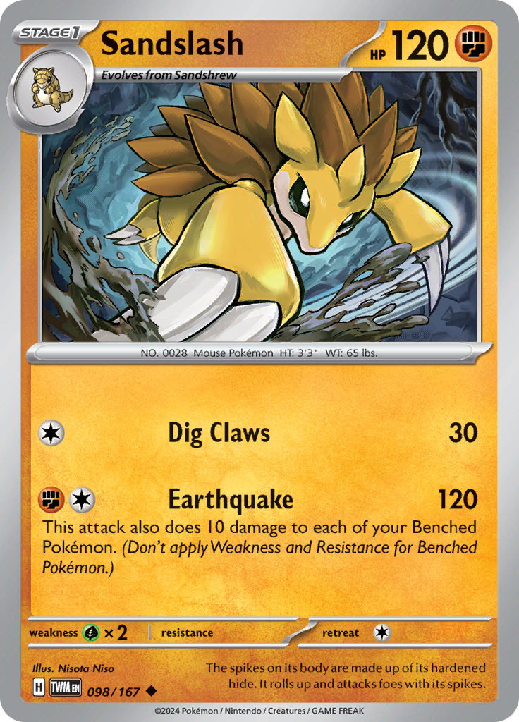 Pokemon TCG Scarlet & Violet expansion Twilight Masquerades. Sandslash uncommon card.