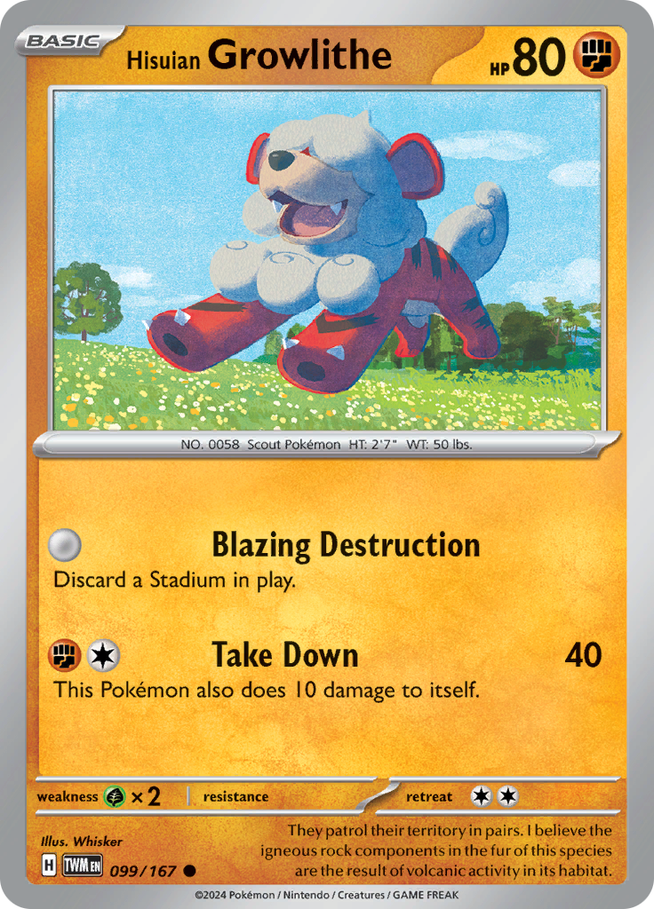 Pokemon TCG Scarlet & Violet expansion Twilight Masquerades. Hisuian Growlithe common card.