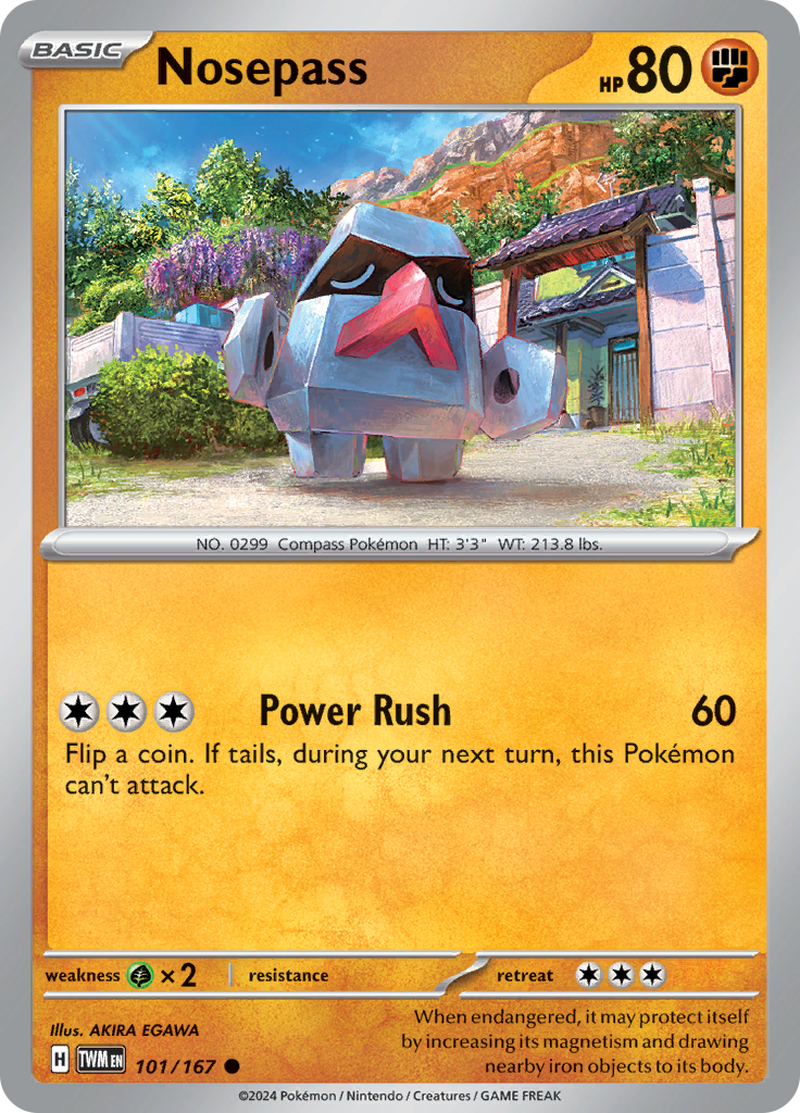 Pokemon TCG Scarlet & Violet expansion Twilight Masquerades. Nosepass common card.