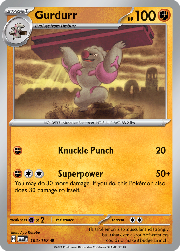 Pokemon TCG Scarlet & Violet expansion Twilight Masquerades. Gurdurr common card.