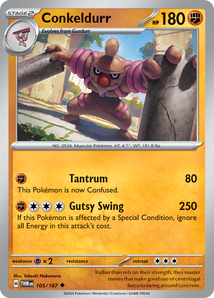 Pokemon TCG Scarlet & Violet expansion Twilight Masquerades. Conkeldurr uncommon card.
