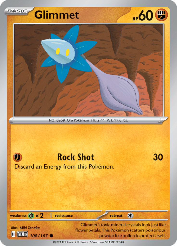 Pokemon TCG Scarlet & Violet expansion Twilight Masquerades. Glimmet common card.