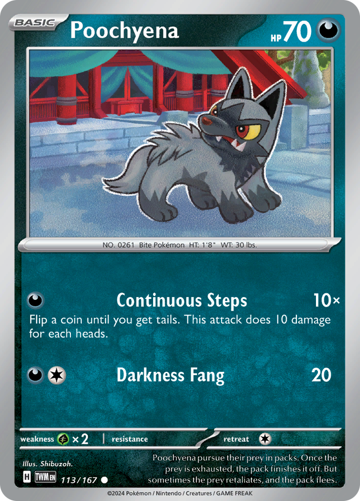 Pokemon TCG Scarlet & Violet expansion Twilight Masquerades. Poochyena common card.