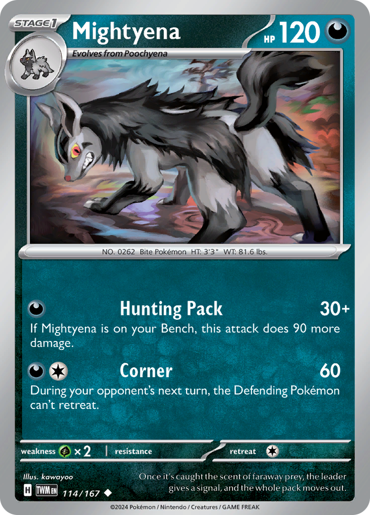 Pokemon TCG Scarlet & Violet expansion Twilight Masquerades. Mightyena uncommon card.