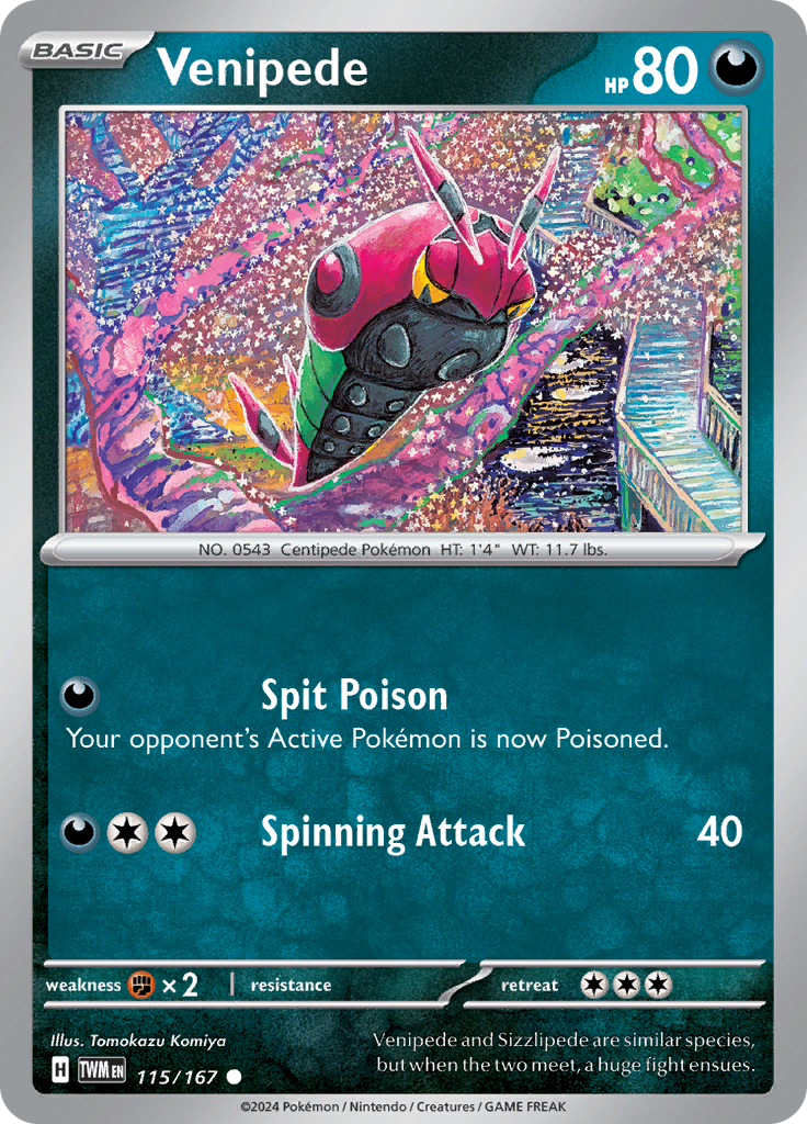 Pokemon TCG Scarlet & Violet expansion Twilight Masquerades. Venipede common card.