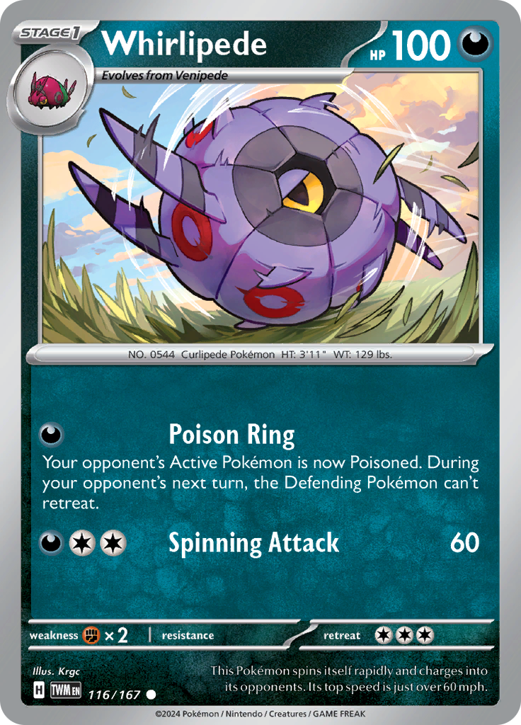 Pokemon TCG Scarlet & Violet expansion Twilight Masquerades. Whirlipede common card.