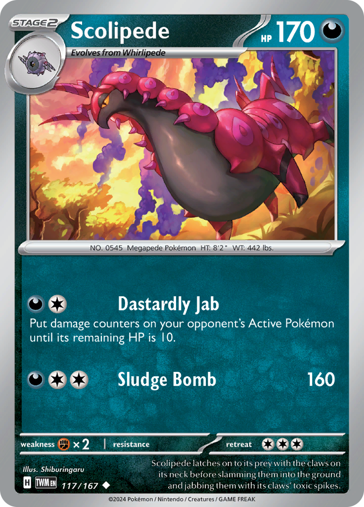 Pokemon TCG Scarlet & Violet expansion Twilight Masquerades. Scolipede uncommon card.