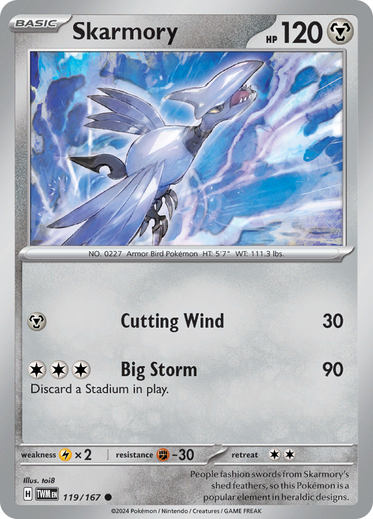 Pokemon TCG Scarlet & Violet expansion Twilight Masquerades. Skarmory common card.