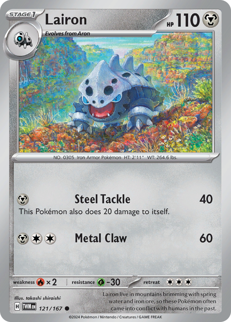 Pokemon TCG Scarlet & Violet expansion Twilight Masquerades. Lairon common card.